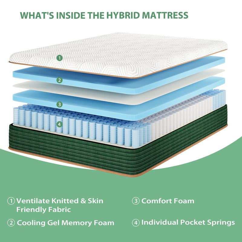 Mattress, Gel Memory Foam Mattress with Individual Pocket Springs, Hybrid Mattress in a Box for Pressure Relief & Cooler Sleep, Certipur-Us Certified