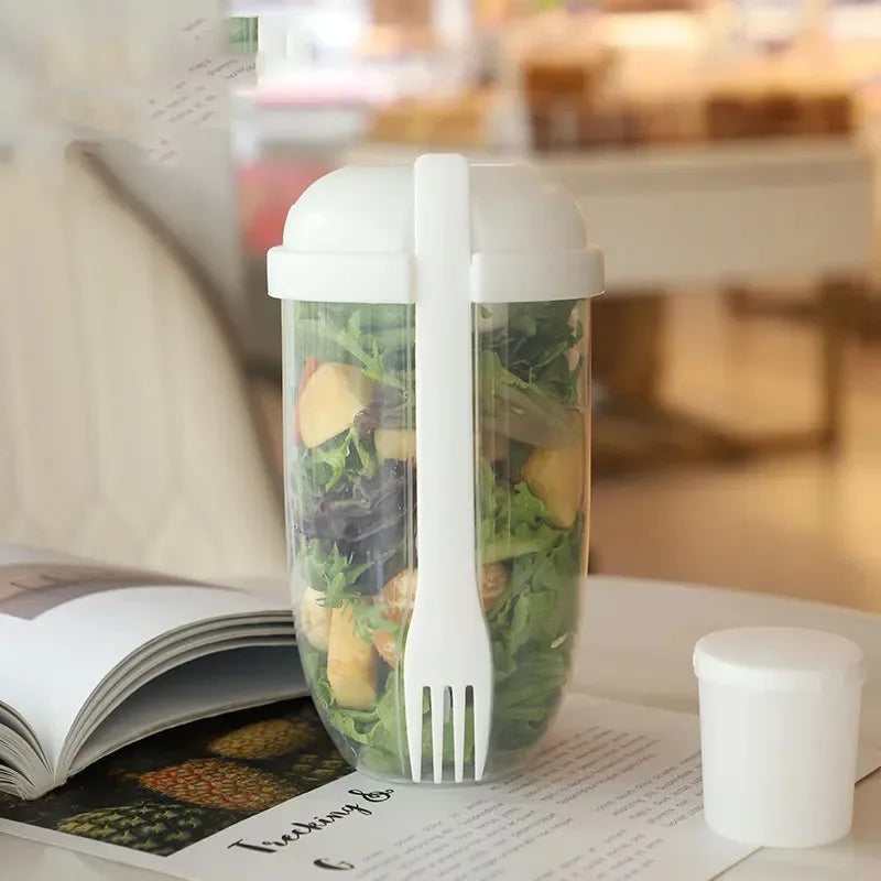 Vaso Portátil para Ensaladas con Tenedor y Tapa: Botella Shaker Conveniente para Desayuno, Ideal para Niñas y Estudiantes"