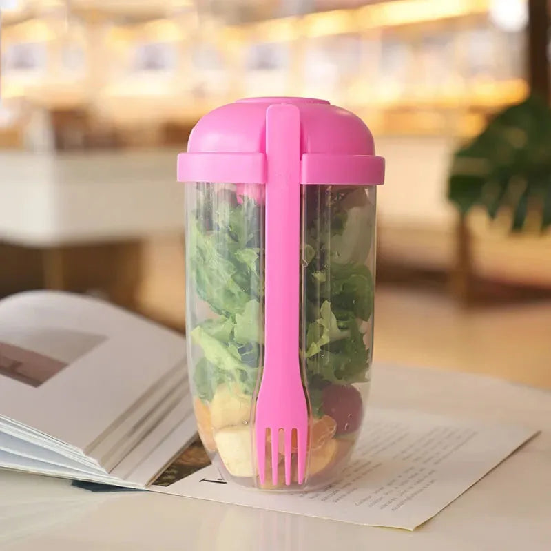 Vaso Portátil para Ensaladas con Tenedor y Tapa: Botella Shaker Conveniente para Desayuno, Ideal para Niñas y Estudiantes"